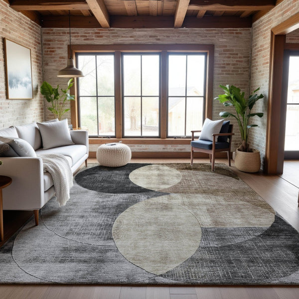 HomeRoots 9' X 12' Stylish Pewter Brown & Beige Geometric Washable Area Rug with UV Protection for Homes 686275