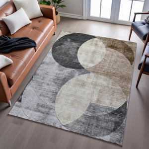 HomeRoots 9' X 12' Stylish Pewter Brown & Beige Geometric Washable Area Rug with UV Protection for Homes 686275