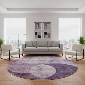 HomeRoots 8' Purple Lilac Geometric Washable Round Rug - UV Protected, Stain Resistant, Perfect for High-Traffic Areas 686279