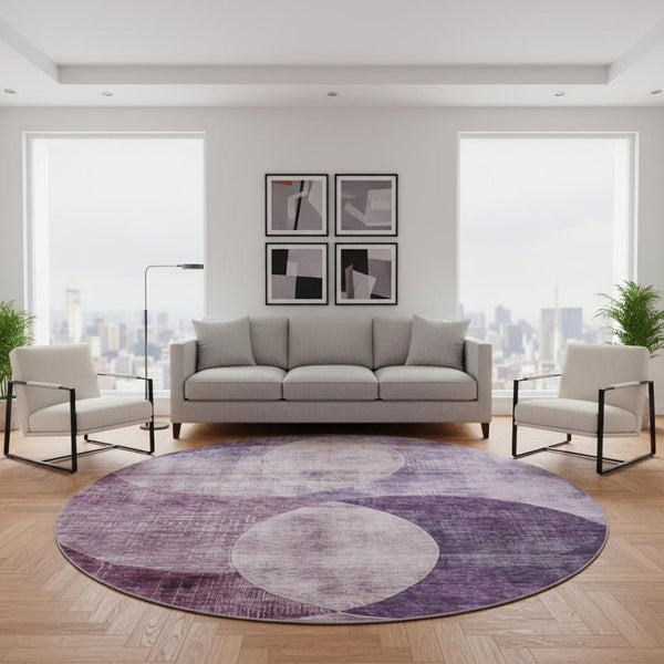 HomeRoots 8' Purple Lilac Geometric Washable Round Rug - UV Protected, Stain Resistant, Perfect for High-Traffic Areas 686279