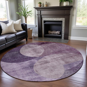 HomeRoots 8' Purple Lilac Geometric Washable Round Rug - UV Protected, Stain Resistant, Perfect for High-Traffic Areas 686279