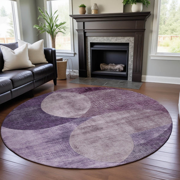 HomeRoots 8' Purple Lilac Geometric Washable Round Rug - UV Protected, Stain Resistant, Perfect for High-Traffic Areas 686279