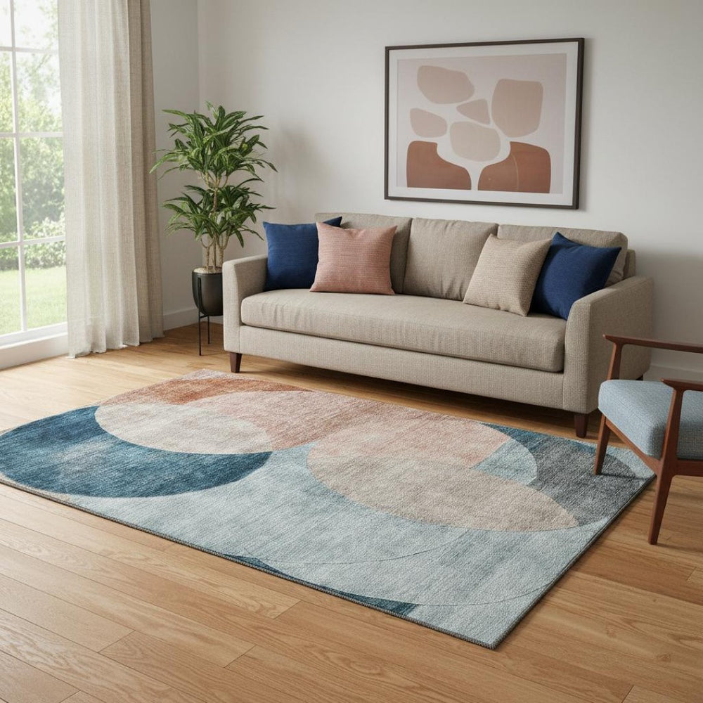HomeRoots 5' X 8' Geometric Area Rug in Rust, Teal & Beige – Durable, Washable, UV-Protected for Homes 686284