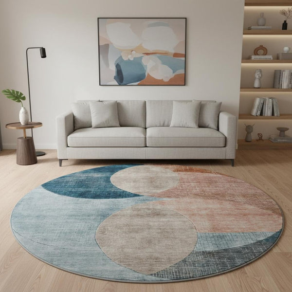 HomeRoots 8' Contemporary Rust Teal Beige Geometric Washable Round Rug with UV Protection for High Traffic Areas 686285