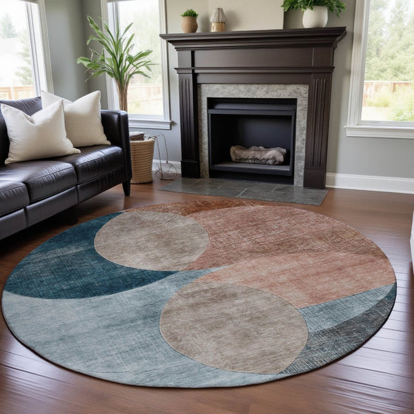 HomeRoots 8' Contemporary Rust Teal Beige Geometric Washable Round Rug with UV Protection for High Traffic Areas 686285