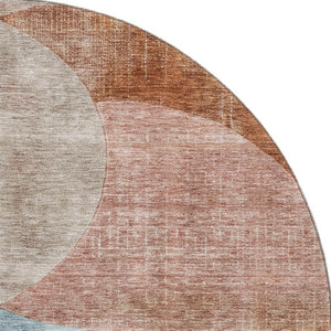 HomeRoots 8' Contemporary Rust Teal Beige Geometric Washable Round Rug with UV Protection for High Traffic Areas 686285