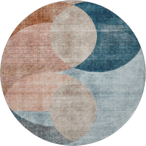 HomeRoots 8' Contemporary Rust Teal Beige Geometric Washable Round Rug with UV Protection for High Traffic Areas 686285