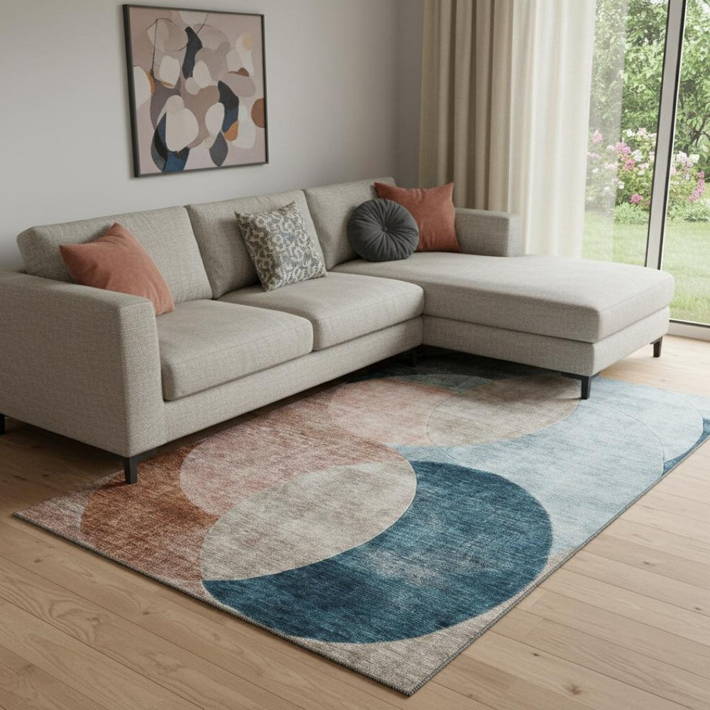 HomeRoots 8' X 10' Washable Geometric Area Rug in Rust, Teal, and Beige with UV Protection for High-Traffic Spaces 686286