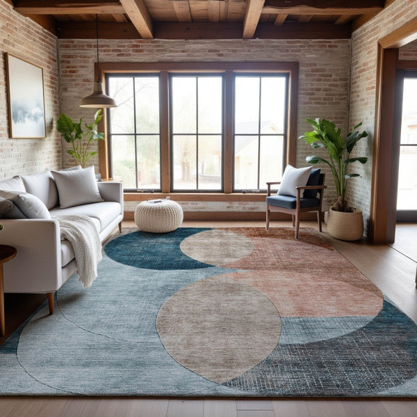 HomeRoots 8' X 10' Washable Geometric Area Rug in Rust, Teal, and Beige with UV Protection for High-Traffic Spaces 686286