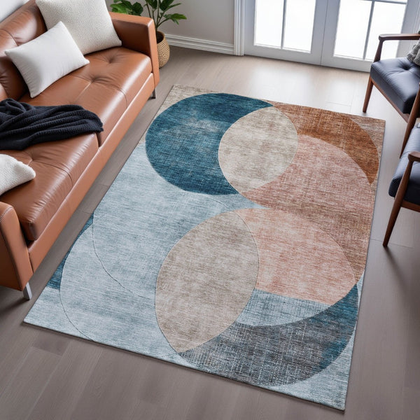 HomeRoots 8' X 10' Washable Geometric Area Rug in Rust, Teal, and Beige with UV Protection for High-Traffic Spaces 686286