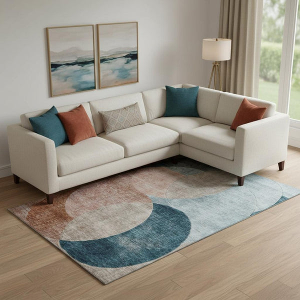 HomeRoots 10' X 14' Stylish Rust Teal Beige Geometric Washable Area Rug with UV Protection for Homes 686288