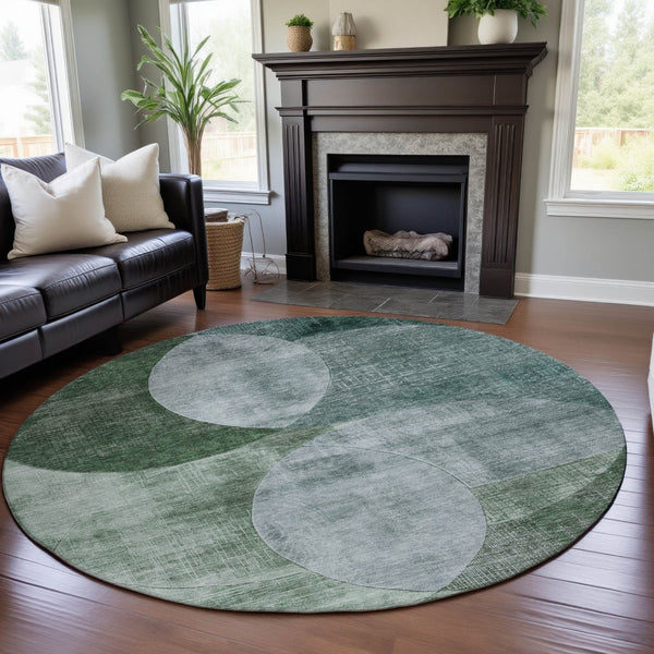 HomeRoots 8' Aqua Green and Teal Geometric Round Rug - Washable, UV-Protected, Durable, and Stylish Decor Piece 686291