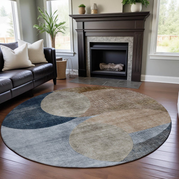 HomeRoots 8' Sky Blue, Brown & Beige Geometric Washable Round Rug with UV Protection for Stylish Spaces 686297