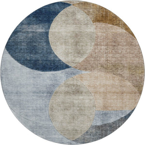 HomeRoots 8' Sky Blue, Brown & Beige Geometric Washable Round Rug with UV Protection for Stylish Spaces 686297