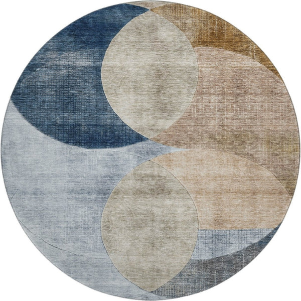 HomeRoots 8' Sky Blue, Brown & Beige Geometric Washable Round Rug with UV Protection for Stylish Spaces 686297