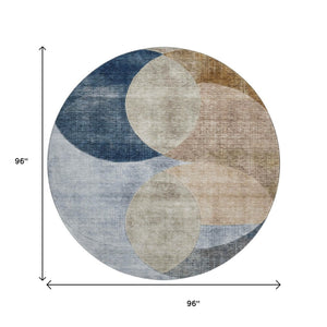 HomeRoots 8' Sky Blue, Brown & Beige Geometric Washable Round Rug with UV Protection for Stylish Spaces 686297