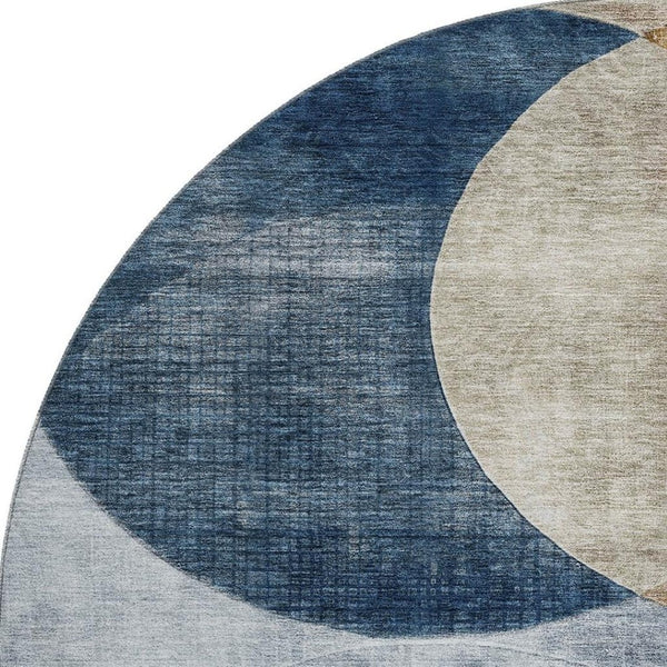 HomeRoots 8' Sky Blue, Brown & Beige Geometric Washable Round Rug with UV Protection for Stylish Spaces 686297