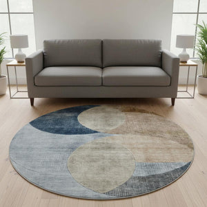 HomeRoots 8' Sky Blue, Brown & Beige Geometric Washable Round Rug with UV Protection for Stylish Spaces 686297
