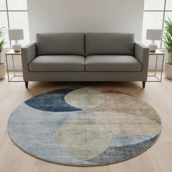 HomeRoots 8' Sky Blue, Brown & Beige Geometric Washable Round Rug with UV Protection for Stylish Spaces 686297