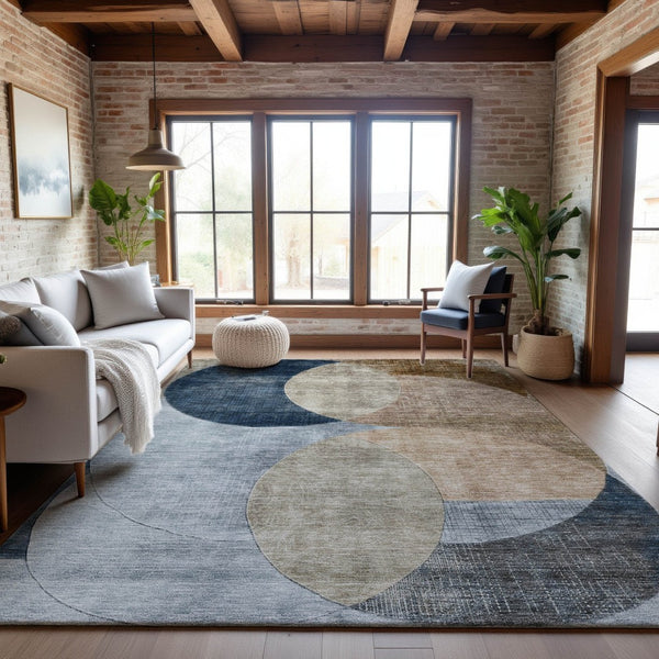 HomeRoots 9' X 12' Sky Blue Brown Beige Geometric Area Rug - Washable, UV Protected, Perfect for Kids & Pets! 686299