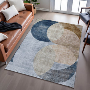 HomeRoots 9' X 12' Sky Blue Brown Beige Geometric Area Rug - Washable, UV Protected, Perfect for Kids & Pets! 686299