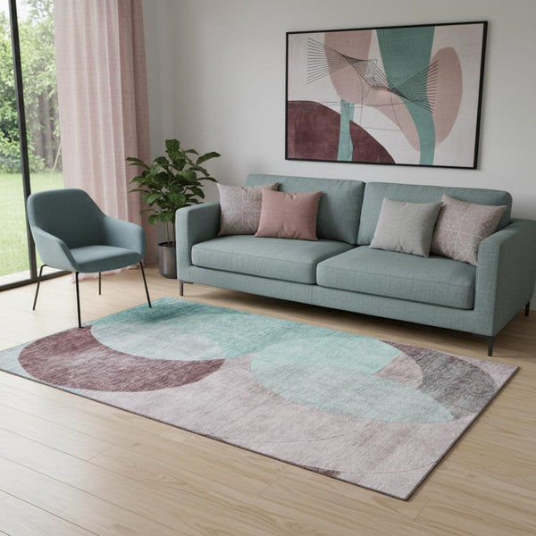 HomeRoots 5' X 8' Teal, Mauve & Blush Geometric Area Rug – Washable, UV Protected & Perfect for Busy Homes! 686302