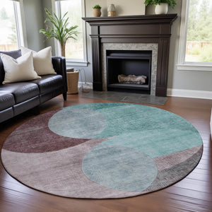 HomeRoots 8' Stylish Geometric Round Area Rug in Teal, Mauve & Blush - Washable, UV-Protected & Durable! 686303