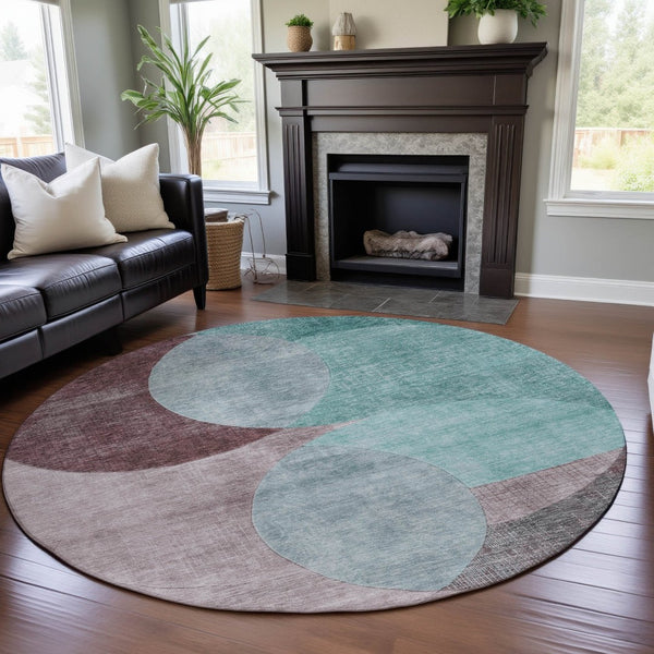 HomeRoots 8' Stylish Geometric Round Area Rug in Teal, Mauve & Blush - Washable, UV-Protected & Durable! 686303