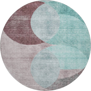 HomeRoots 8' Stylish Geometric Round Area Rug in Teal, Mauve & Blush - Washable, UV-Protected & Durable! 686303
