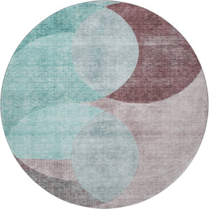 HomeRoots 8' Stylish Geometric Round Area Rug in Teal, Mauve & Blush - Washable, UV-Protected & Durable! 686303
