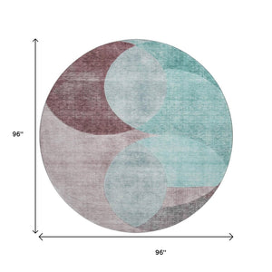 HomeRoots 8' Stylish Geometric Round Area Rug in Teal, Mauve & Blush - Washable, UV-Protected & Durable! 686303