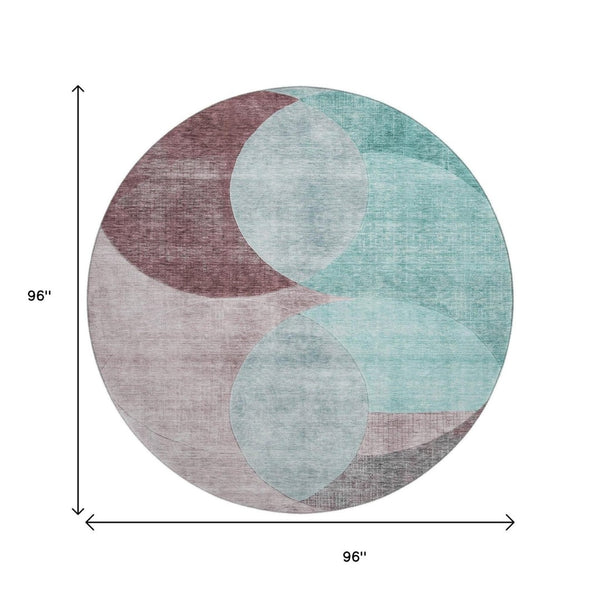 HomeRoots 8' Stylish Geometric Round Area Rug in Teal, Mauve & Blush - Washable, UV-Protected & Durable! 686303