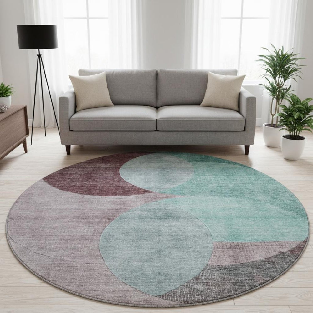 HomeRoots 8' Stylish Geometric Round Area Rug in Teal, Mauve & Blush - Washable, UV-Protected & Durable! 686303