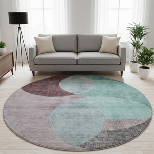 HomeRoots 8' Stylish Geometric Round Area Rug in Teal, Mauve & Blush - Washable, UV-Protected & Durable! 686303