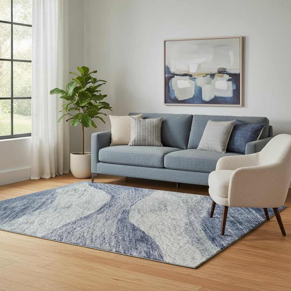 HomeRoots 5' X 8' Washable Blue & Sky Blue Abstract Area Rug with UV Protection for High-Traffic Homes 686308