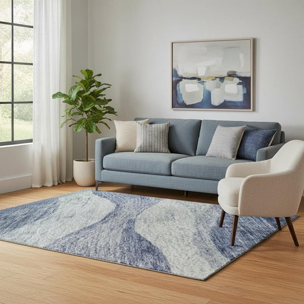 HomeRoots 5' X 8' Washable Blue & Sky Blue Abstract Area Rug with UV Protection for High-Traffic Homes 686308