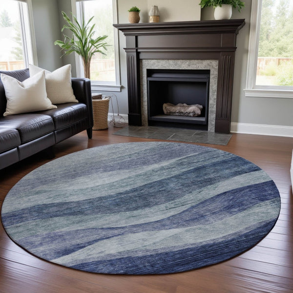 HomeRoots 8' Blue Abstract Round Rug – Washable, UV Protected, Stylish Indoor Centerpiece for Any Space 686309
