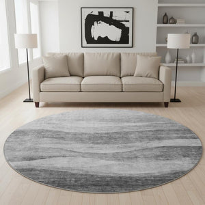 HomeRoots 8' Gray and Silver Abstract Round Rug - Washable, UV-Protected, Stain-Resistant for Modern Homes 686321