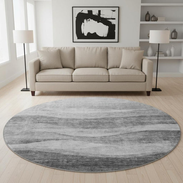HomeRoots 8' Gray and Silver Abstract Round Rug - Washable, UV-Protected, Stain-Resistant for Modern Homes 686321