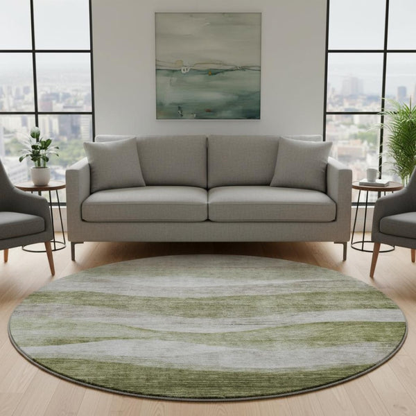 HomeRoots 8' Green and Beige Abstract Round Rug - Washable, UV-Protected, Stylish & Durable for Busy Homes 686327