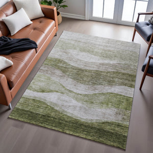 HomeRoots 9' x 12' Green & Beige Abstract Area Rug - Washable, UV Protected, Durable for Homes with Kids & Pets 686329