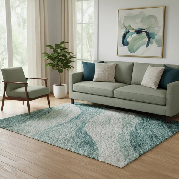 HomeRoots 5' Aqua and Teal Abstract Area Rug - Washable, UV-Protected, Stylish for Living Rooms & Patios 686338