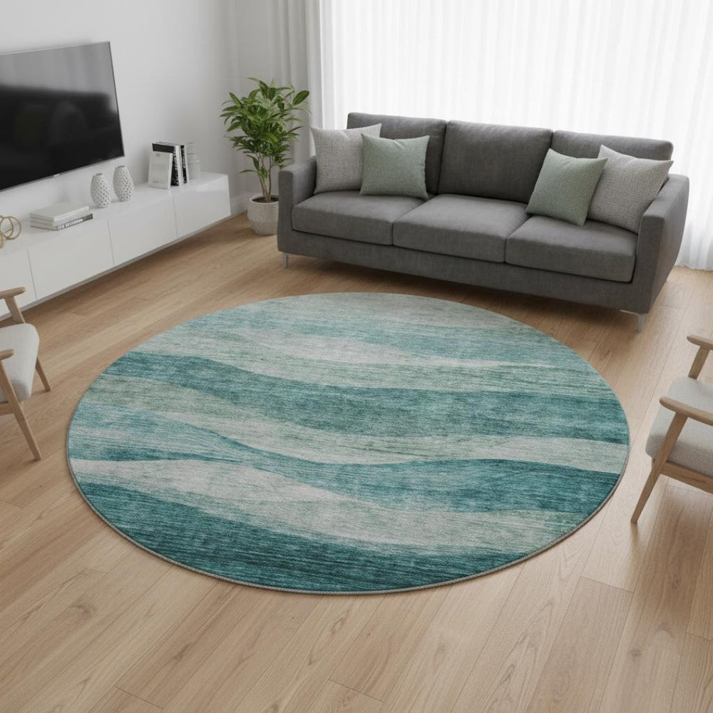 HomeRoots 8' Oversized Aqua and Teal Abstract Round Rug - Washable, UV-Protected, Family-Friendly Design 686339