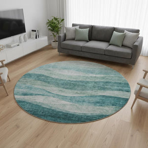 HomeRoots 8' Oversized Aqua and Teal Abstract Round Rug - Washable, UV-Protected, Family-Friendly Design 686339