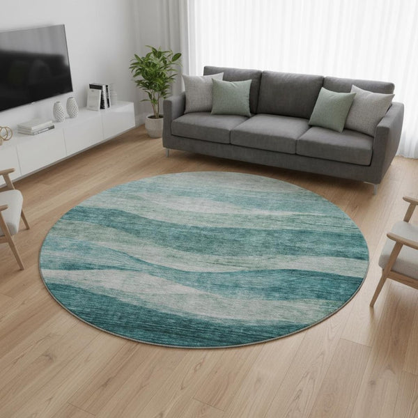 HomeRoots 8' Oversized Aqua and Teal Abstract Round Rug - Washable, UV-Protected, Family-Friendly Design 686339