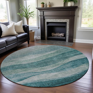 HomeRoots 8' Oversized Aqua and Teal Abstract Round Rug - Washable, UV-Protected, Family-Friendly Design 686339