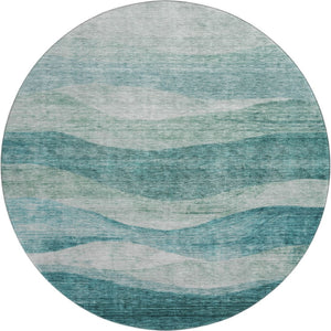 HomeRoots 8' Oversized Aqua and Teal Abstract Round Rug - Washable, UV-Protected, Family-Friendly Design 686339