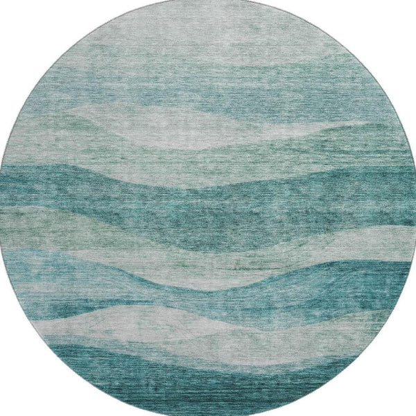 HomeRoots 8' Oversized Aqua and Teal Abstract Round Rug - Washable, UV-Protected, Family-Friendly Design 686339