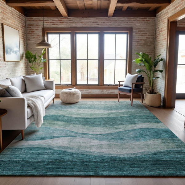 HomeRoots 10' Aqua and Teal Abstract Area Rug - Washable, UV Protected, Stain Resistant, Modern Design, Durable 686342