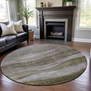 HomeRoots 8' Taupe and Beige Abstract Round Rug – Washable, Stain Resistant, UV Protected for Modern Spaces 686345